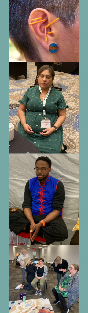 A panel of 4 images. 1. Photo of an ear with the five 5NP AcuDetox points, 2. a person sitting calm and relaxed while experiencing 5NP AcuDetox, 3. a person sitting calm and relaxed while experiencing 5NP AcuDetox, and 4. a group of clinicians being trained and practicing 5NP AcuDetox.